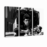 Tablou POP ART pictat manual AL PACINO 3 piese al18 – Vizualizare 3D a tabloului pictat manual pe fundal alb. Culori dominante: negru, alb, gri.