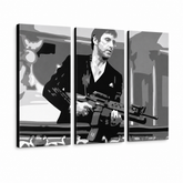 Tablou POP ART pictat manual AL PACINO 3 piese al2 – Vizualizare 3D a tabloului pictat manual pe fundal alb. Culori dominante: negru, gri, alb.