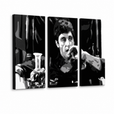 Tablou POP ART pictat manual AL PACINO 3 piese al22 – Vizualizare 3D a tabloului pictat manual pe fundal alb. Culori dominante: negru, gri, alb.