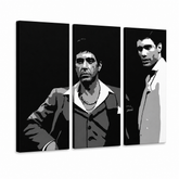 Tablou POP ART pictat manual AL PACINO 3 piese al31 – Vizualizare 3D a tabloului pictat manual pe fundal alb. Culori dominante: negru, alb, gri.