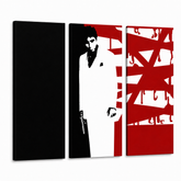Tablou POP ART pictat manual AL PACINO 3 piese al33 – Vizualizare 3D a tabloului pictat manual pe fundal alb. Culori dominante: negru, alb, roșu.