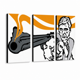Tablou POP ART pictat manual AL PACINO 3 piese al7 – Vizualizare 3D a tabloului pictat manual pe fundal alb. Culori dominante: negru, portocaliu, alb, gri.