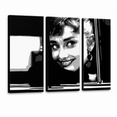 Tablou POP ART pictat manual Audrey HEPBHURN 3 buc ah1 – Vizualizare 3D a tabloului pictat manual pe fundal alb. Culori dominante: negru, alb, gri.