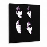 O pânză originală pictată manual, cu patru portrete stilizate ale membrilor trupei The Beatles, în nuanțe de alb, violet și negru, cu o ramă vizibilă din lemn, Papilora.