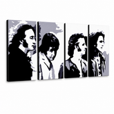Tablou POP ART pictat manual Beatles 4 bucăți bea5 – Vizualizare 3D a tabloului pictat manual pe fundal alb. Culori dominante: negru, gri, alb, auriu.