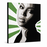 Tablou POP ART pictat manual BEYONCÉ 1 buc bey4 – Vizualizare 3D a tabloului pictat manual pe fundal alb. Culori dominante: verde, negru, gri, alb, roz.