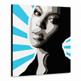 Tablou POP ART pictat manual BEYONCÉ 1 buc bey5 – Vizualizare 3D a tabloului pictat manual pe fundal alb. Culori dominante: negru, albastru, alb, gri, maro.