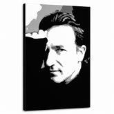 Tablou POP ART pictat manual Bono-U2 1 bucată bono – Vizualizare 3D a tabloului pictat manual pe fundal alb. Culori dominante: negru, alb, gri.