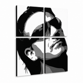 Tablou POP ART pictat manual Bono-U2 4 buc bono2 – Vizualizare 3D a tabloului pictat manual pe fundal alb. Culori dominante: negru, alb, gri.