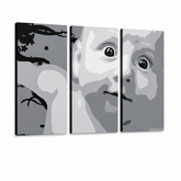 Tablou POP ART pictat manual CHILD 3 părți copil – Vizualizare 3D a tabloului pictat manual pe fundal alb. Culori dominante: alb, negru, gri.