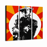 Tablou POP ART pictat manual Clint Eastwood 3 bucăți ce2 – Vizualizare 3D a tabloului pictat manual pe fundal alb. Culori dominante: negru, galben, roșu, alb.