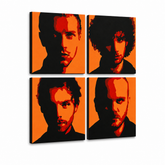 Tablou POP ART pictat manual Coldplay 4 bucăți cp2 – Vizualizare 3D a tabloului pictat manual pe fundal alb. Culori dominante: negru, portocaliu, roșu.
