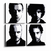 Tablou POP ART pictat manual Coldplay 4 piese cp – Vizualizare 3D a tabloului pictat manual pe fundal alb. Culori dominante: negru, alb, gri.