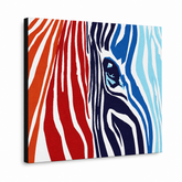 Tablou POP ART pictat manual CULORI 1 bucată zebră – Vizualizare 3D a tabloului pictat manual pe fundal alb. Culori dominante: roșu, oranzová, albastru, alb, negru.