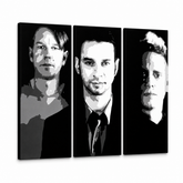 Tablou POP ART pictat manual de Depeche Mode 3 părți 000 dep – Vizualizare 3D a tabloului pictat manual pe fundal alb. Culori dominante: negru, alb, gri.
