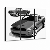 Tablou POP ART pictat manual FORD MUSTANG 3 bucăți fm2 – Vizualizare 3D a tabloului pictat manual pe fundal alb. Culori dominante: negru, alb, gri.