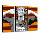 Tablou POP ART pictat manual Francesco Totti 3 buc tot – Vizualizare 3D a tabloului pictat manual pe fundal alb. Culori dominante: roșu, portocaliu, gri, negru, alb.