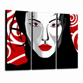 Tablou POP ART pictat manual frumos FEMEIE 3 bucăți nwoman – Vizualizare 3D a tabloului pictat manual pe fundal alb. Culori dominante: negru, roșu, alb.