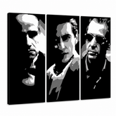 Tablou POP ART pictat manual GODFATHER 3 buc god2 – Vizualizare 3D a tabloului pictat manual pe fundal alb. Culori dominante: negru, alb, gri.