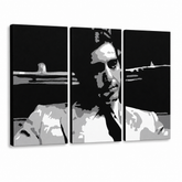 Tablou POP ART pictat manual GODFATHER 3 buc god6 – Vizualizare 3D a tabloului pictat manual pe fundal alb. Culori dominante: negru, alb, gri.
