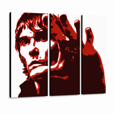 Tablou POP ART pictat manual Ian Brown 3 bucăți ib3 – Vizualizare 3D a tabloului pictat manual pe fundal alb. Culori dominante: roșu, negru, alb.