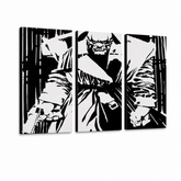 Tablou POP ART pictat manual Killer cu ochi galbeni 3 bucăți kwye – Vizualizare 3D a tabloului pictat manual pe fundal alb. Culori dominante: negru, alb.