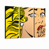 Tablou POP ART pictat manual LICHTENSTEIN 3 buc li3/x2 – Vizualizare 3D a tabloului pictat manual pe fundal alb. Culori dominante: galben, negru, roz.