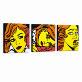 Tablou POP ART pictat manual LICHTENSTEIN 3 buc li7 – Vizualizare 3D a tabloului pictat manual pe fundal alb. Culori dominante: galben, negru, portocaliu.
