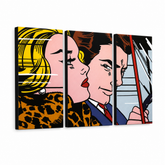 Tablou POP ART pictat manual LICHTENSTEIN 3 bucăți li4 – Vizualizare 3D a tabloului pictat manual pe fundal alb. Culori dominante: galben, negru, roz, albastru, maro.
