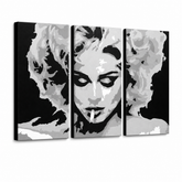 Tablou POP ART pictat manual MADONNA 3 bucăți ma2 – Vizualizare 3D a tabloului pictat manual pe fundal alb. Culori dominante: negru, gri, alb.