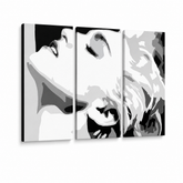 Tablou POP ART pictat manual MADONNA 3 bucăți ma5 – Vizualizare 3D a tabloului pictat manual pe fundal alb. Culori dominante: bielá, negru, gri.