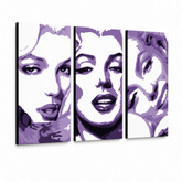 Tablou POP ART pictat manual Marilyn MONROE 3 buc mon4 – Vizualizare 3D a tabloului pictat manual pe fundal alb. Culori dominante: mov, alb, negru.
