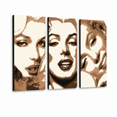 Tablou POP ART pictat manual Marilyn MONROE 3 bucăți mon1 – Vizualizare 3D a tabloului pictat manual pe fundal alb. Culori dominante: bej, maro, negru.