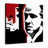 Tablou POP ART pictat manual marlon brando 1 buc mb8 – Vizualizare 3D a tabloului pictat manual pe fundal alb. Culori dominante: negru, alb, roșu.