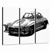 Tablou POP ART pictat manual MERCEDES SL300 3 piese mer – Vizualizare 3D a tabloului pictat manual pe fundal alb. Culori dominante: negru, alb, gri.