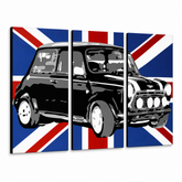 Tablou POP ART pictat manual MINI COOPER 3 piese mini2 – Vizualizare 3D a tabloului pictat manual pe fundal alb. Culori dominante: negru, albastru, alb.