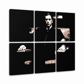 Tablou POP ART pictat manual Nașul 6 buc god11 – Vizualizare 3D a tabloului pictat manual pe fundal alb. Culori dominante: negru, maro, alb.
