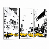 Tablou POP ART pictat manual NEW YORK 3 bucăți 0107 nyc – Vizualizare 3D a tabloului pictat manual pe fundal alb. Culori dominante: galben, negru, alb.