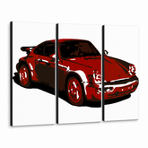 Tablou POP ART pictat manual PORSCHE 911 3 bucăți por2 – Vizualizare 3D a tabloului pictat manual pe fundal alb. Culori dominante: roșu, negru, alb.