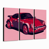 Tablou POP ART pictat manual PORSCHE 911 3 bucăți por3 – Vizualizare 3D a tabloului pictat manual pe fundal alb. Culori dominante: roșu, roz, negru.