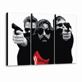 Tablou POP ART pictat manual Sfântul bondock 3 bucăți tbs – Vizualizare 3D a tabloului pictat manual pe fundal alb. Culori dominante: negru, alb, roșu.