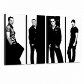 Tablou POP ART pictat manual U2 în negru 4 bucăți U2 – Vizualizare 3D a tabloului pictat manual pe fundal alb. Culori dominante: negru, alb, gri.