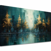 Art deco tablou pe pânză cu motivul copaci, peisaj, hartă, natură în albastru-verde nuanțe, atmosferă liniștită, natură și contemplare, potrivit pentru sufragerie – principală