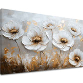 Pictat manual tablou pe pânză cu motivul tanec florilor în alb-gri nuanțe, atmosferă elegantă, natură și impresie de lux | Tablou tanec florilor – principală