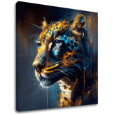 O pictură manuală premium pe pânză, reprezentând un leopard cu pete aurii și albastre, cu un șasiu din lemn vizibil, Papilora.