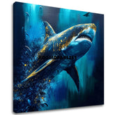 În stil boho tablou pe pânză cu motivul PREMIUM ART - Shark Force in Dark Water, ocean, mare și plajă în albastru-auriu nuanțe, atmosferă maiestuoasă – principală