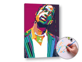 Un portret colorat, în stil pop art, al lui Travis Scott, cu fundal mov, imprimat pe o pânză cu șasiu din lemn, Papilora.