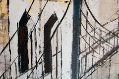O vedere de aproape a picturii, evidențiind textura bogată și compoziția abstractă a Podului Brooklyn și a zgârie-norilor, Papilora.