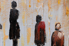 O vedere de aproape a picturii, evidențiind textura bogată și compoziția abstractă cu siluete umane și o umbrelă, Papilora.