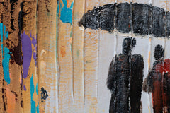 O vedere de aproape a picturii, evidențiind textura bogată și compoziția abstractă cu siluete umane și o umbrelă, Papilora.